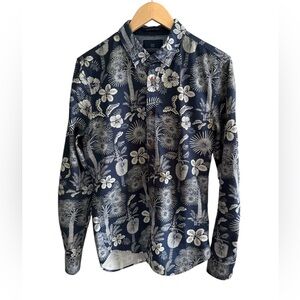 Scotch & Soda Men’s Graphic Blue Hawaiian Button Down Shirt Formal Floral AOP, M